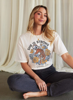 She is strong Proverbs 31:25 Mineral Washed Graphic Top - Cream