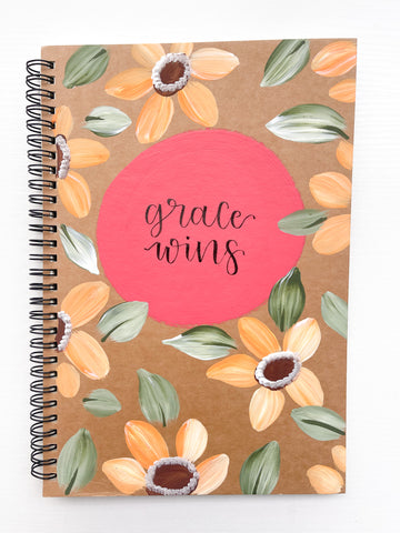 Grace wins, Large Hand-Painted Spiral Bound Journal