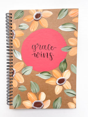Grace wins, Large Hand-Painted Spiral Bound Journal