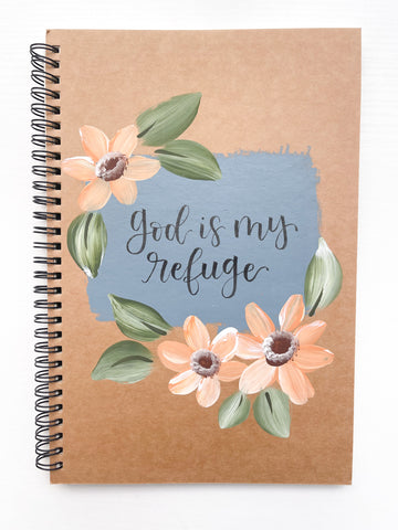 God is my refuge, Large Hand-Painted Spiral Bound Journal