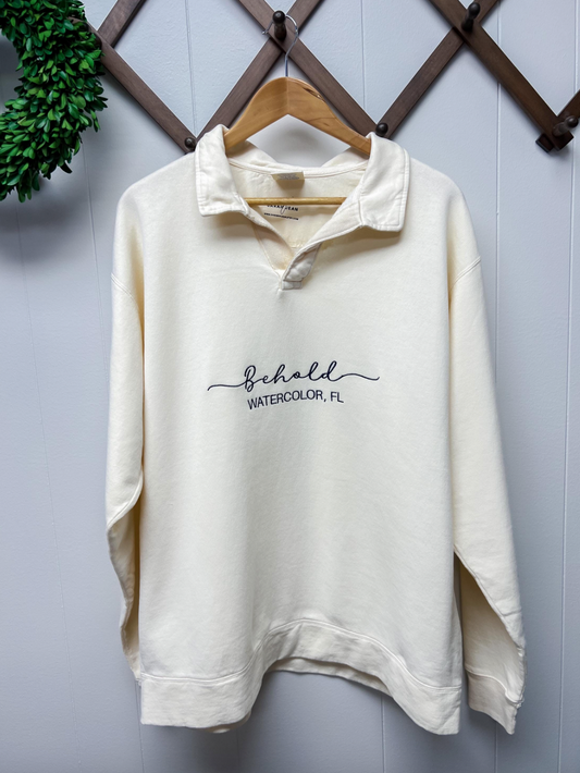 Embroidered Behold Retreat Polo Collar Sweatshirt